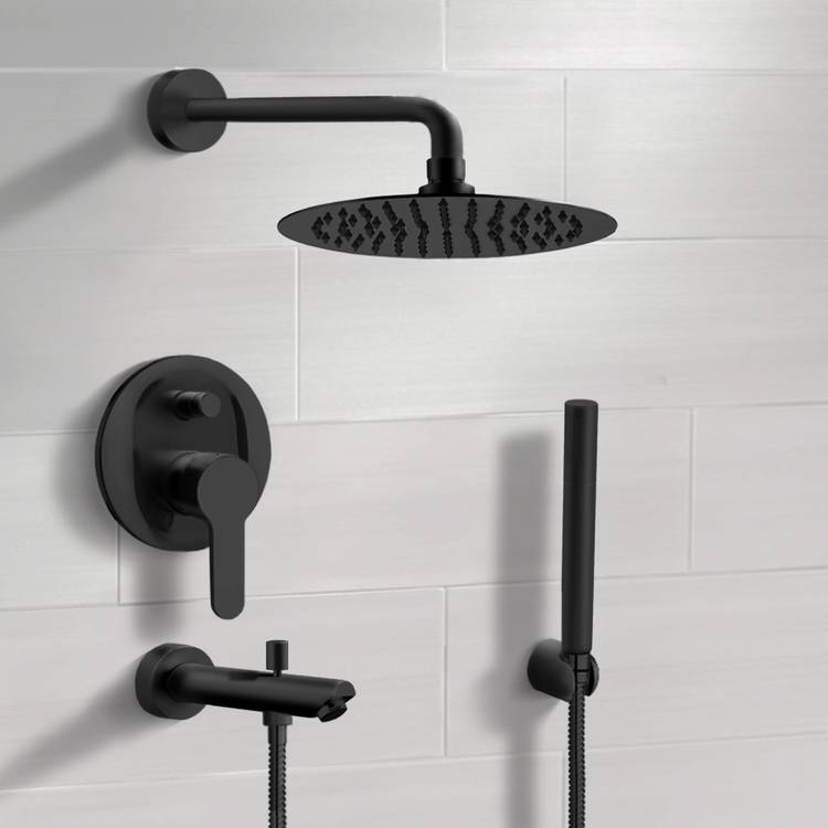 Tub and Shower Faucet, Remer TSH48-10, Matte Black Tub and Shower System With 10 Inch Rain Shower Head and Hand Shower